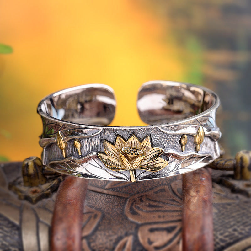 Lotus Flower Calm Bracelet in 925 Sterling Silver Adjustable