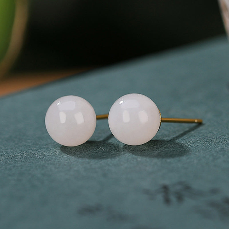 925 Sterling Silver White Jade Blessing Stud Earrings 6mm to 10mm