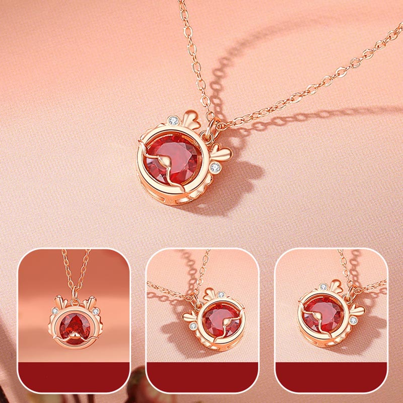 925 Sterling Silver Dragon Necklace with Red Zircon for Luck