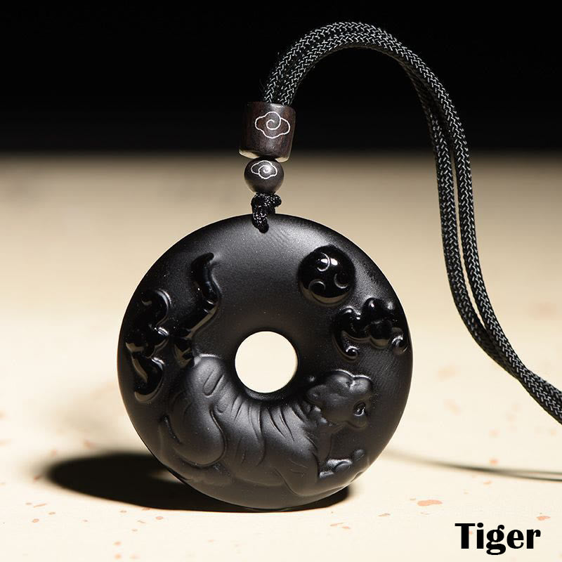 Chinese Zodiac Black Obsidian Strength Necklace Pendant