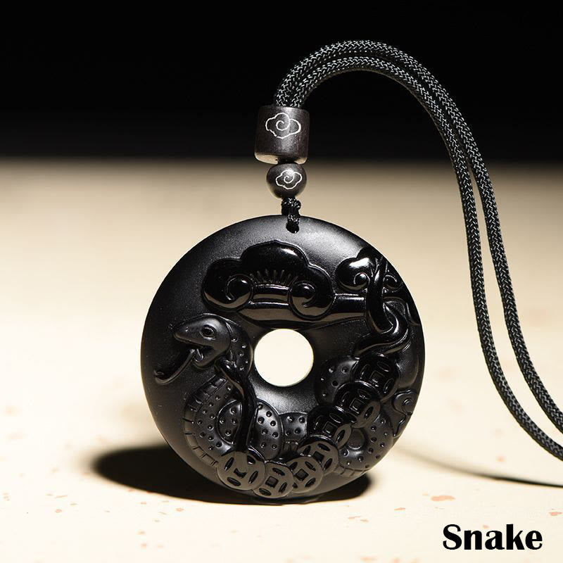 Chinese Zodiac Black Obsidian Strength Necklace Pendant