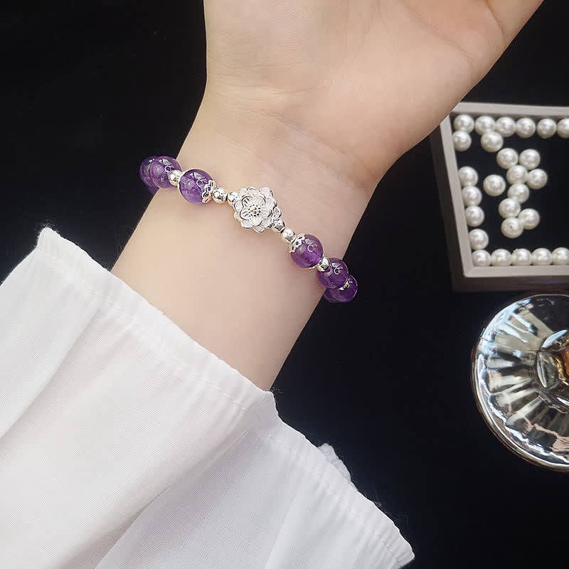 925 Sterling Silver Amethyst Lotus Spiritual Bracelet