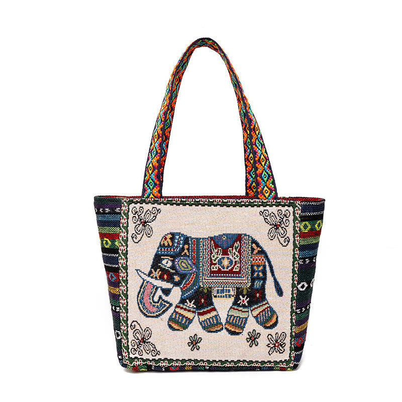 Large Canvas Tote Bag with Elephant Butterfly Embroidery - Spiritual Charm