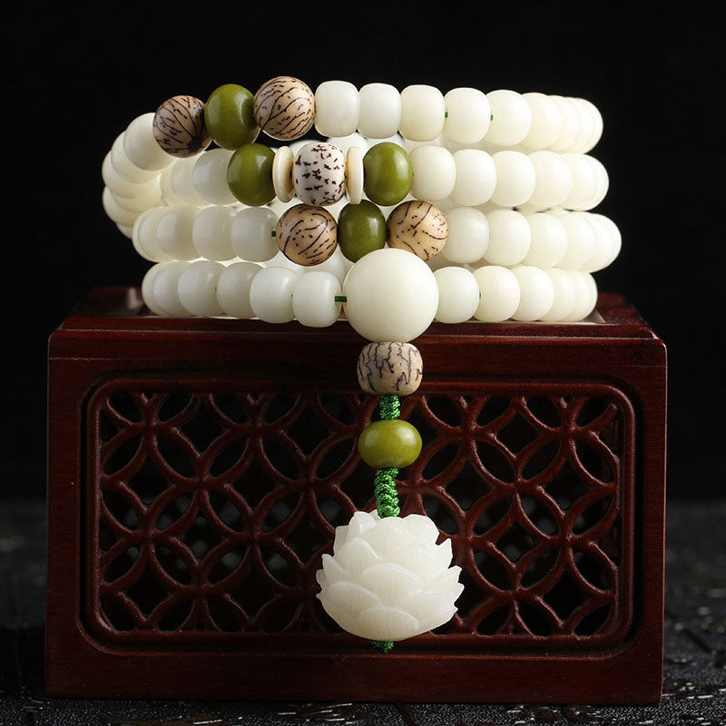 7x9mm White Jade Bodhi Lotus Mala Harmony Bracelet