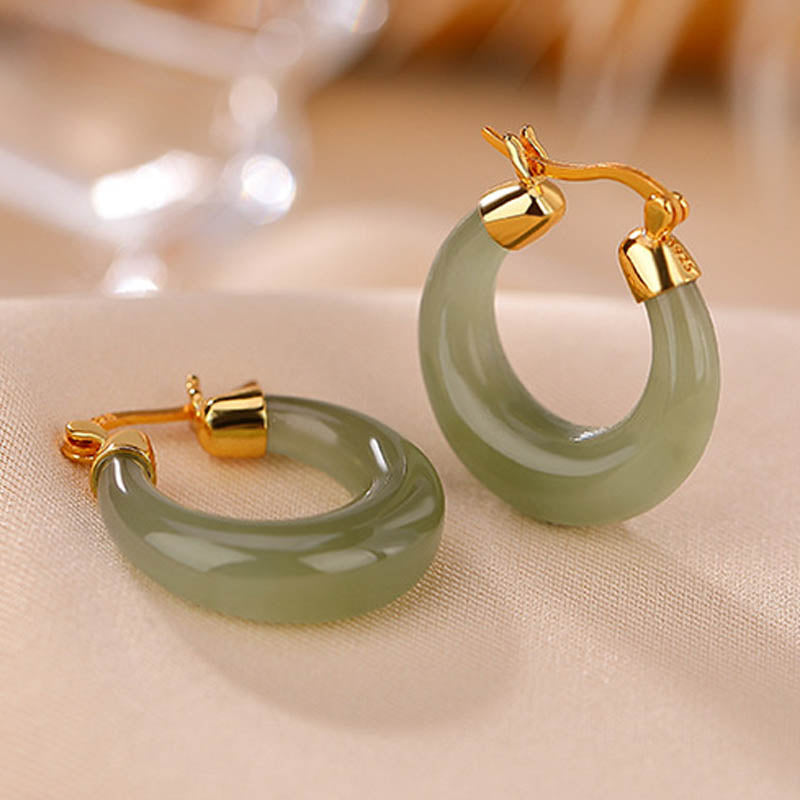 Round Jade Cyan Jade Prosperity Luck Drop Earrings