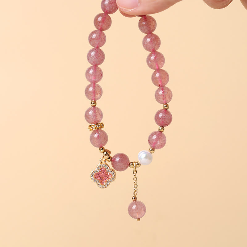 Strawberry Quartz Pearl Four Leaf Clover Love Bracelet