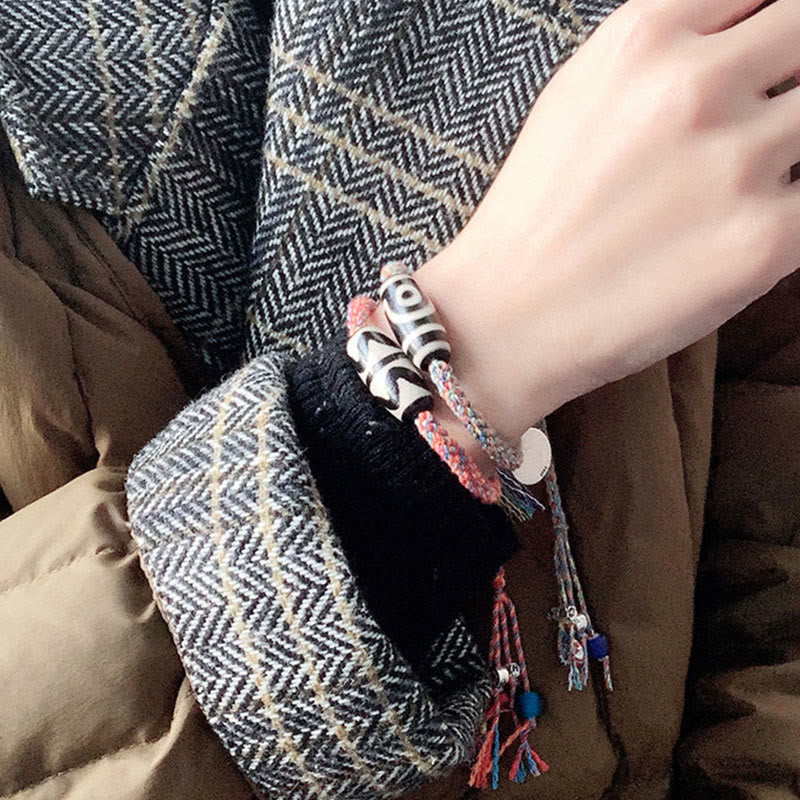 Om Mani Padme Hum Bracelet | Tibetan Dzi Bead Silver Braid