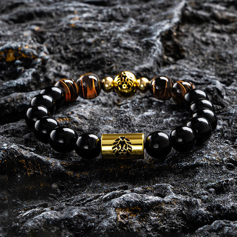 Black Onyx Tiger Eye Protection Bracelet with Lion Bead