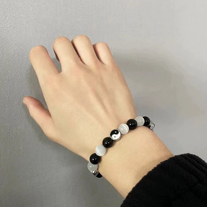 Black Obsidian Cat's Eye Yin Yang Bracelet for Purification & Strength