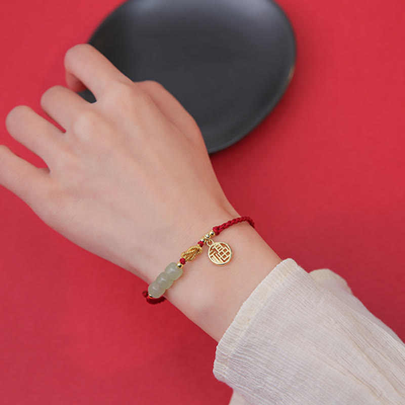 Jade Bead Bracelet with Fu Charm on Red Rope for Luck & Prosperity
