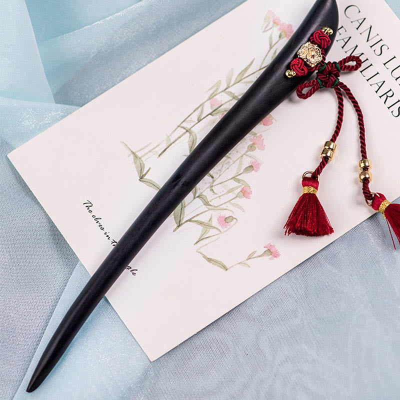 Ebony Hairpin with Red String Tassel for Protection & Luck