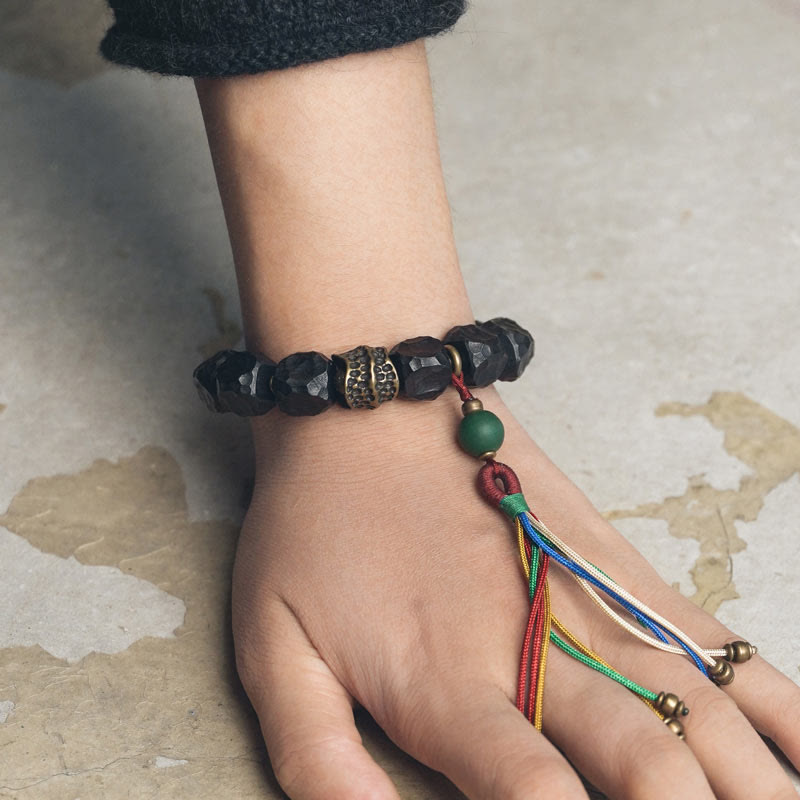 Ebony Wood and Copper Peace Wrist Mala Bracelet 15-18cm