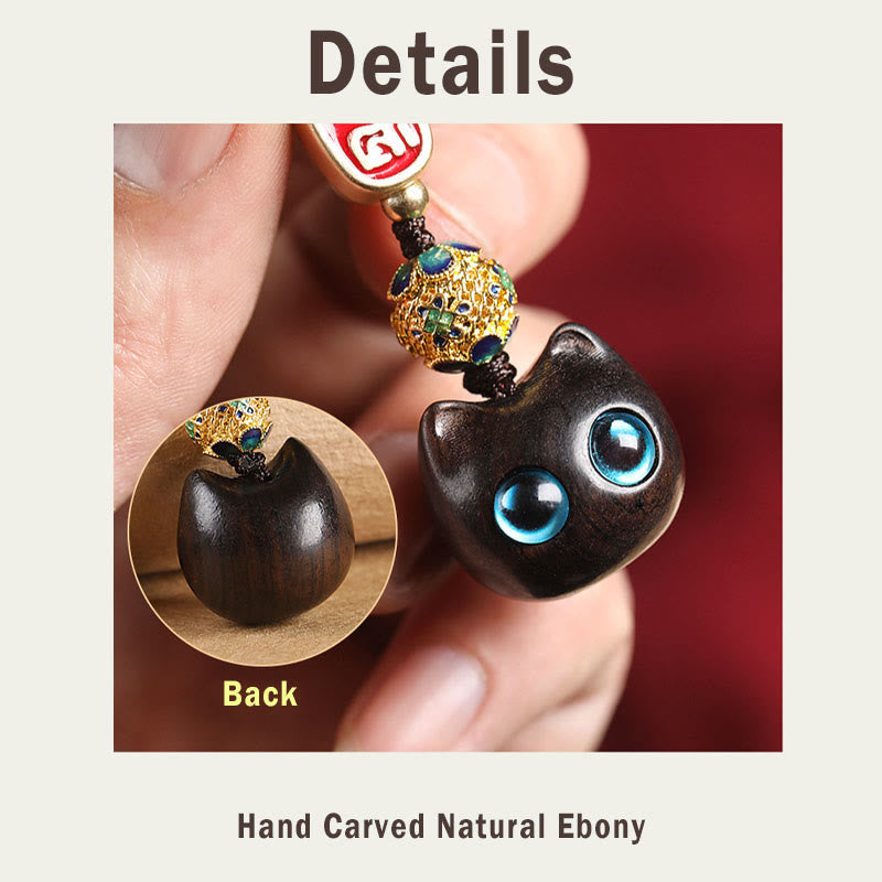 Ebony Wood Lucky Cat Key Chain with Auspicious Cloud Charm