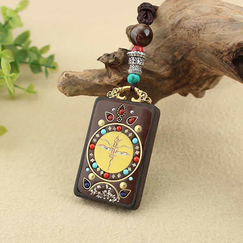 Ebony Wood Necklace Pendant with Five Gods of Wealth | Peace