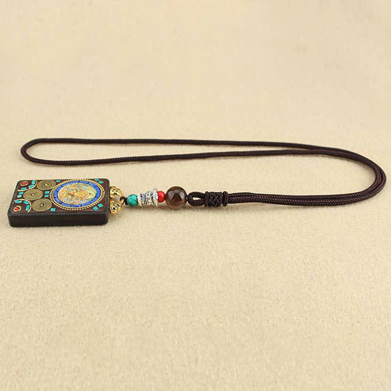 Ebony Wood Necklace Pendant with Five Gods of Wealth | Peace