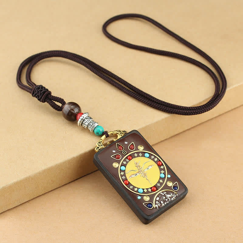 Ebony Wood Necklace Pendant with Five Gods of Wealth | Peace