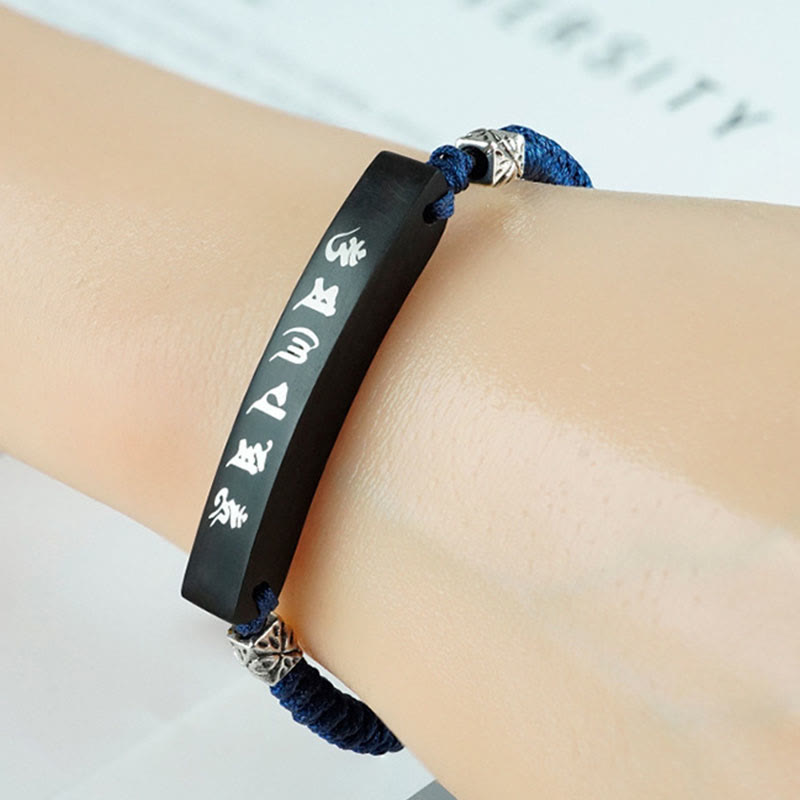 Ebony Wood Om Mani Padme Hum Silver Inlaid Protection Bracelet