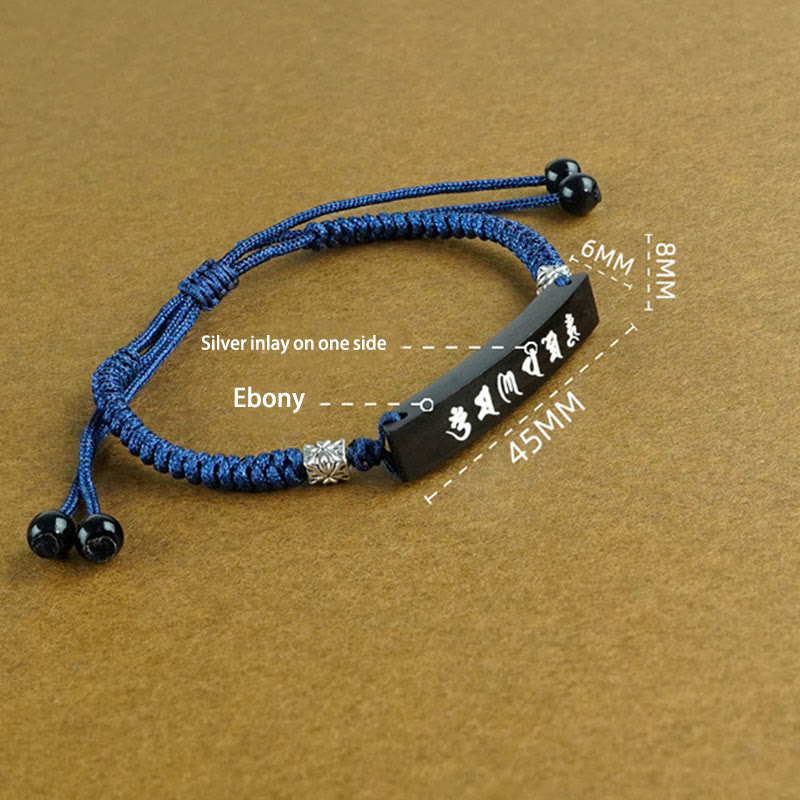 Ebony Wood Om Mani Padme Hum Silver Inlaid Protection Bracelet