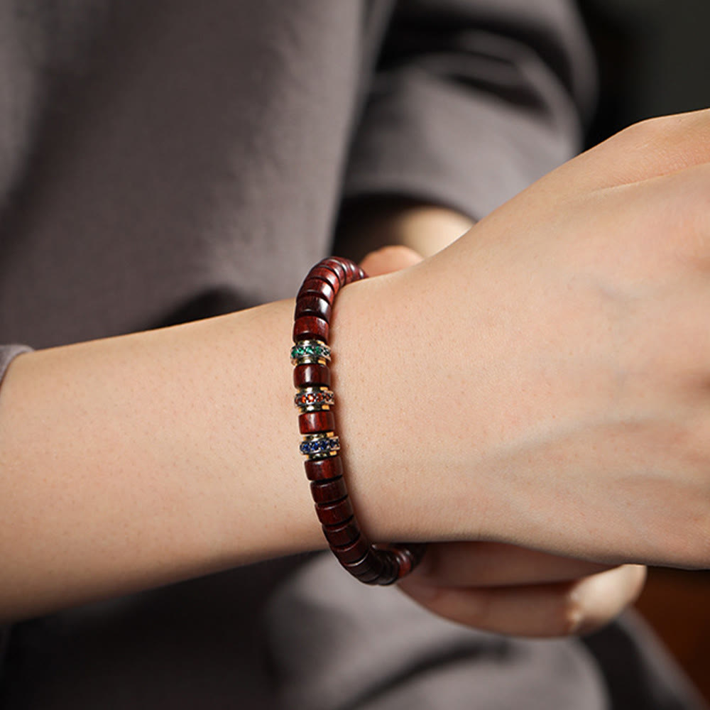 Ebony Wood Peace Bracelet with Small Leaf Red Sandalwood and Zircon, Unisex