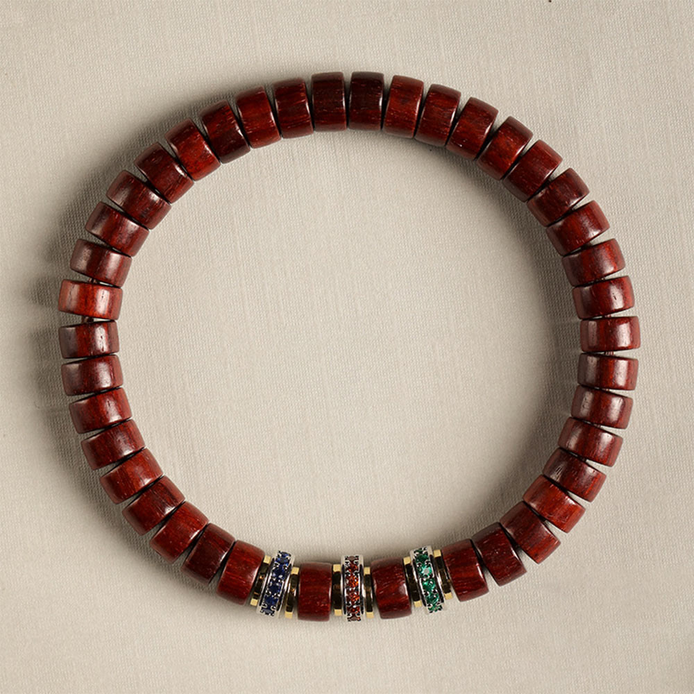 Ebony Wood Peace Bracelet with Small Leaf Red Sandalwood and Zircon, Unisex