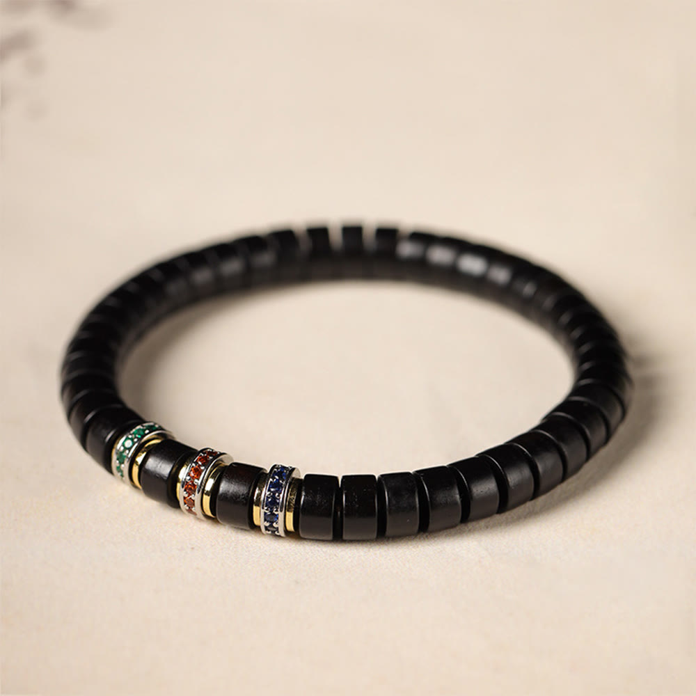 Ebony Wood Peace Bracelet with Small Leaf Red Sandalwood and Zircon, Unisex