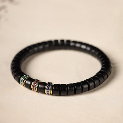 Ebony Wood Peace Bracelet with Small Leaf Red Sandalwood and Zircon, Unisex