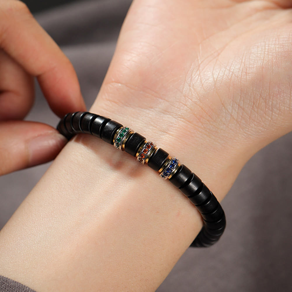 Ebony Wood Peace Bracelet with Small Leaf Red Sandalwood and Zircon, Unisex