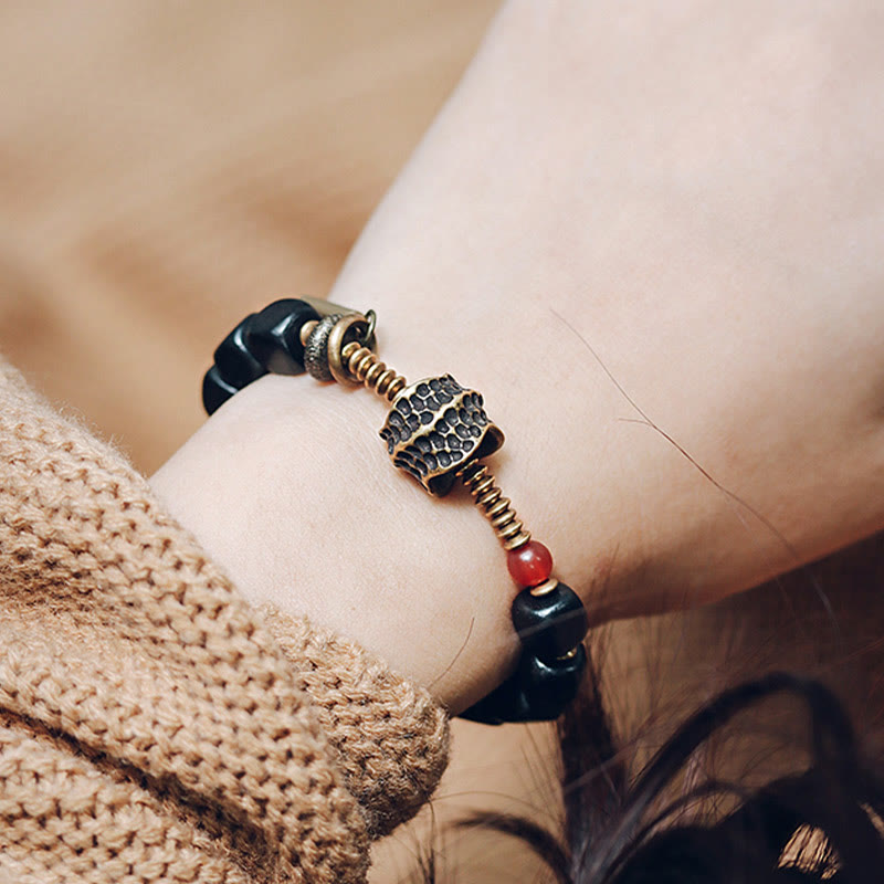 Ebony Wood Red Agate Peace Yin Yang Bracelet 8mm