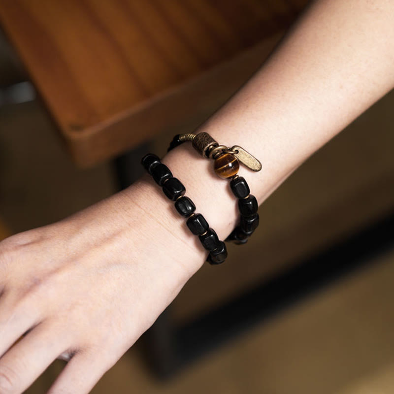 Ebony Wood Tiger Eye Double Wrap Bracelet for Peace & Balance
