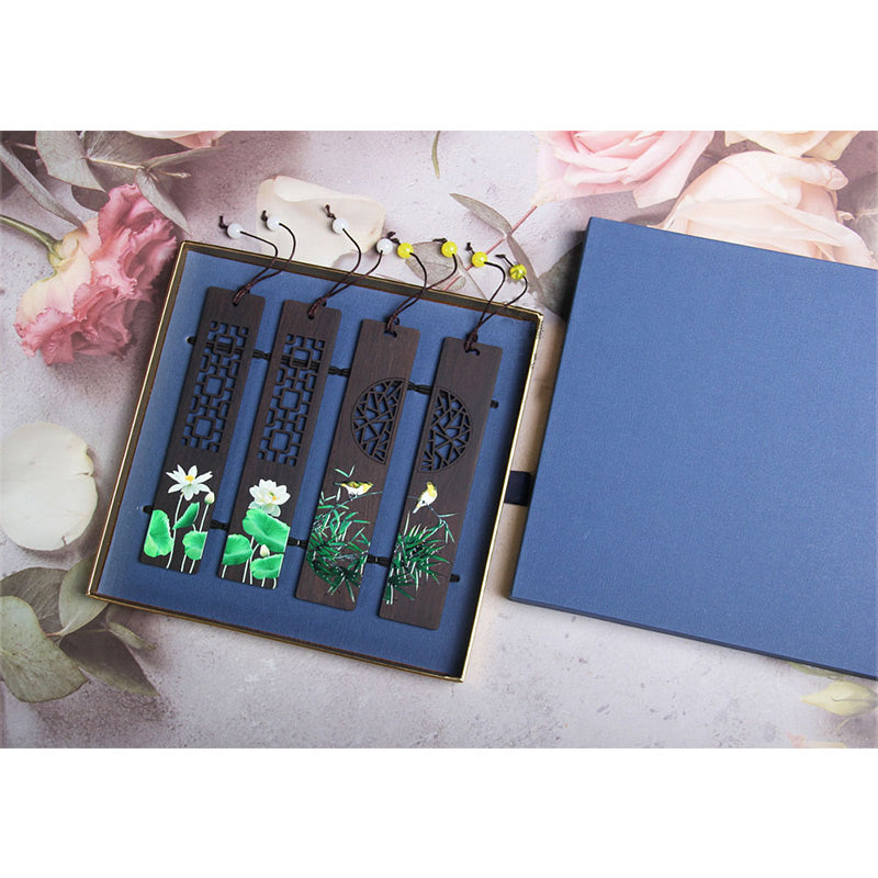 Ebony Wood Zen Bookmark with Green Lotus and Oriole Design
