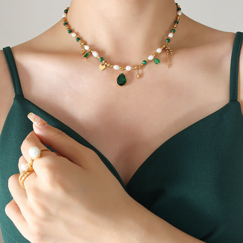 Calm Pearl Necklace Pendant with Zircon & Turquoise 18K Gold
