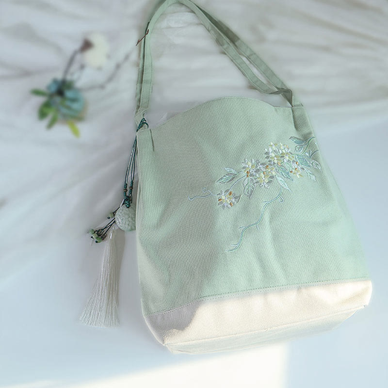 Canvas Tote Bag with Flower Crane & Plum Blossom Embroidery