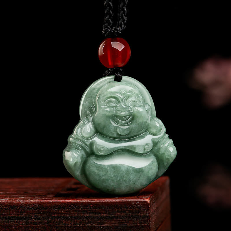 Green Jade Laughing Buddha Necklace for Luck & Abundance