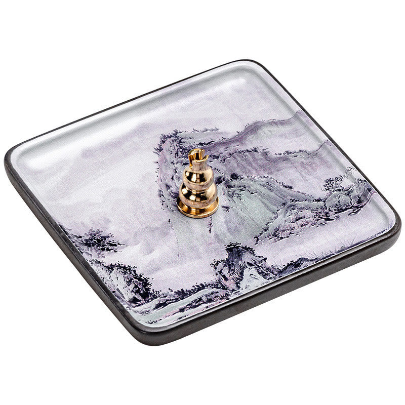 Ceramic Incense Burner Tray with Mountain Lake Flower Leaf Design