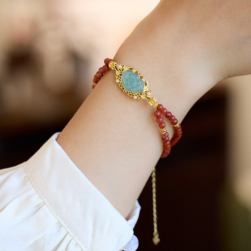 14-18cm Red Agate Jade Lotus Calm Double Layer Bracelet