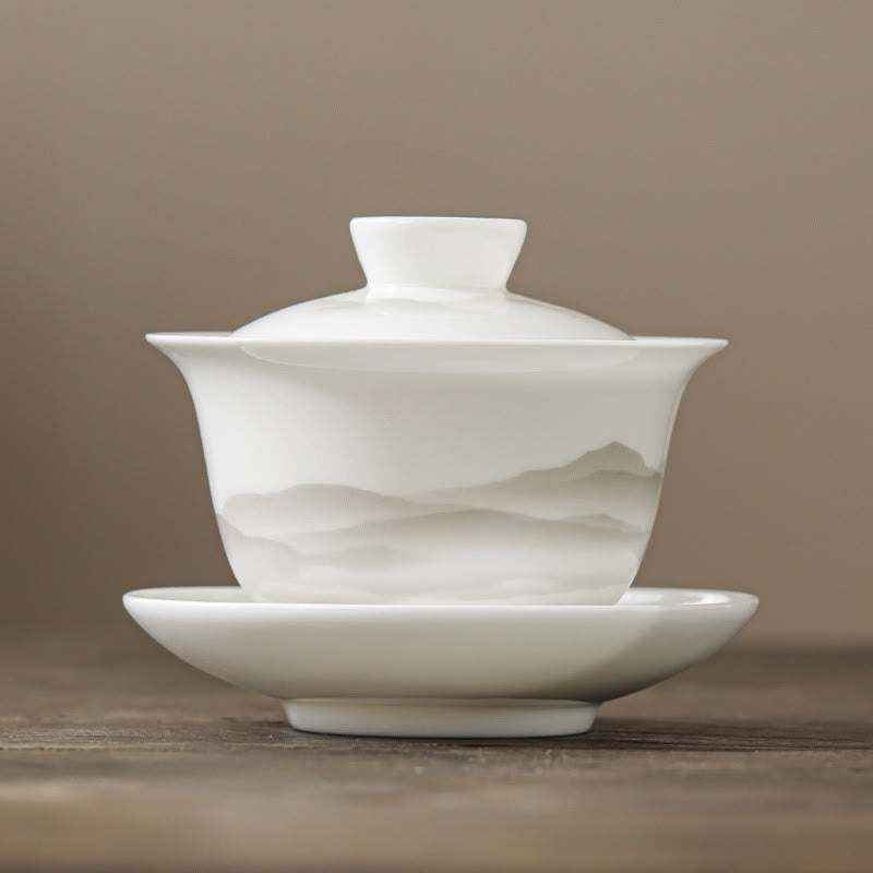Vintage Ink Painting Porcelain Gaiwan Tea Cup Set for Meditation