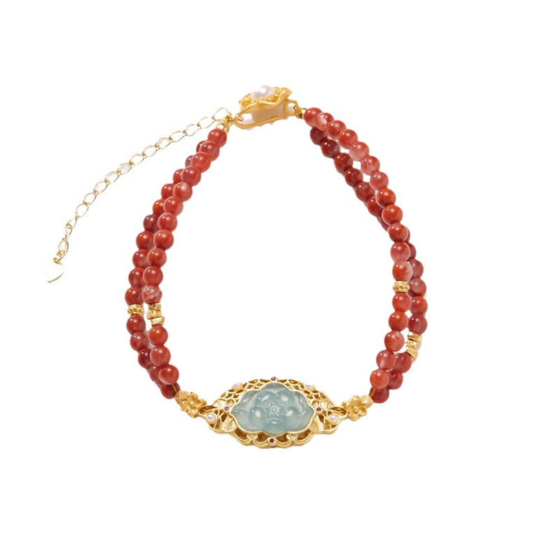14-18cm Red Agate Jade Lotus Calm Double Layer Bracelet