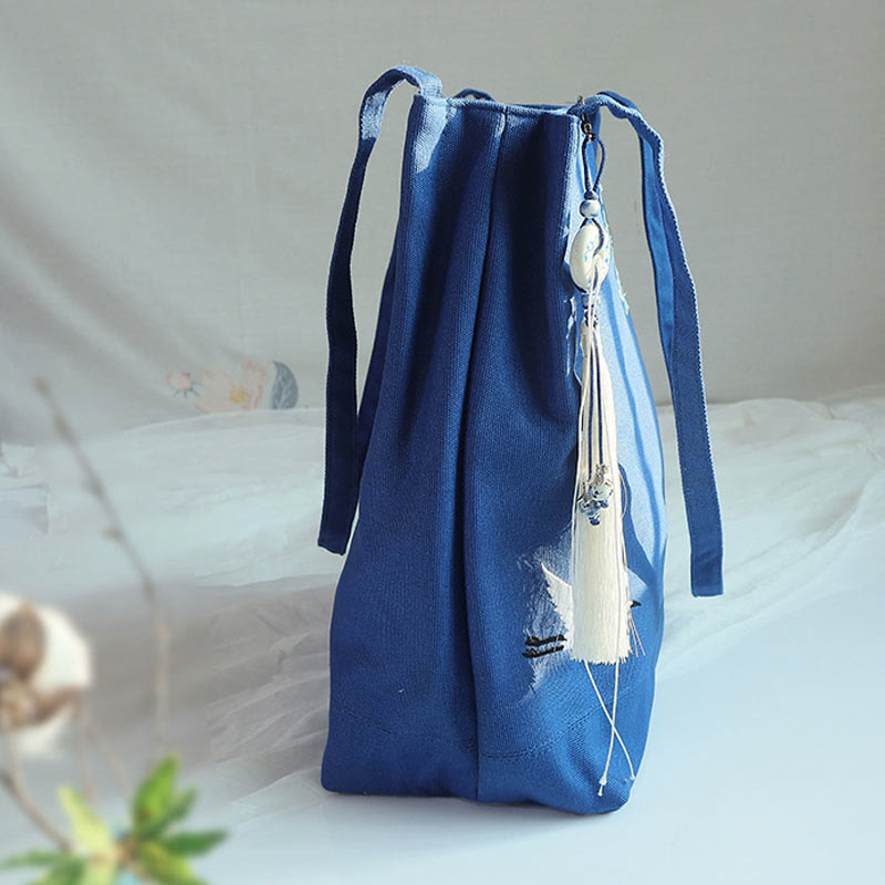 Canvas Tote Bag with Flower Crane & Plum Blossom Embroidery
