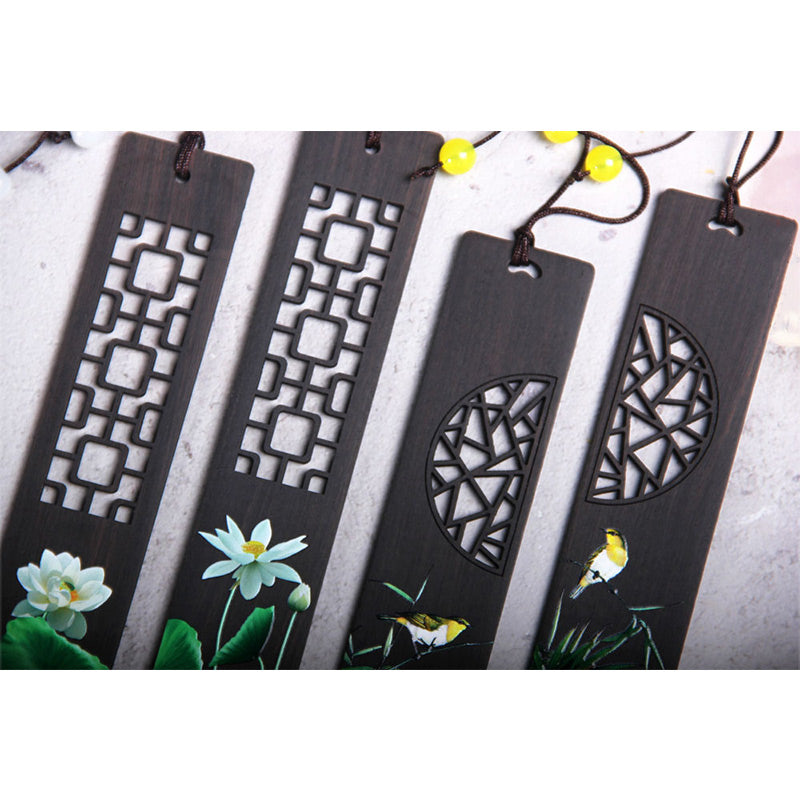 Ebony Wood Zen Bookmark with Green Lotus and Oriole Design