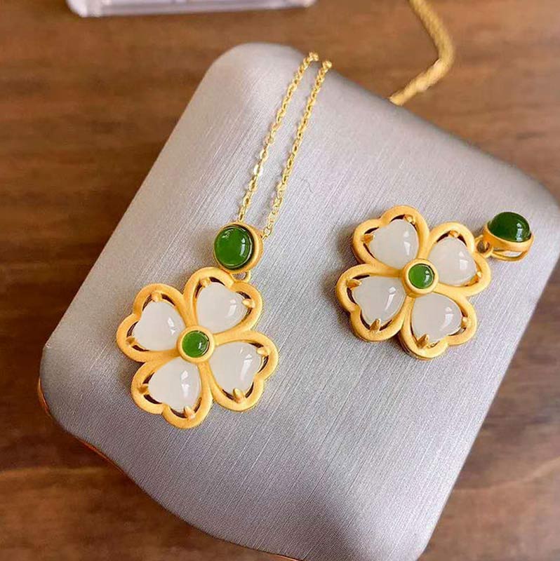 925 Sterling Silver Lucky Four Leaf Clover Jade Necklace | Prosperity & Luck