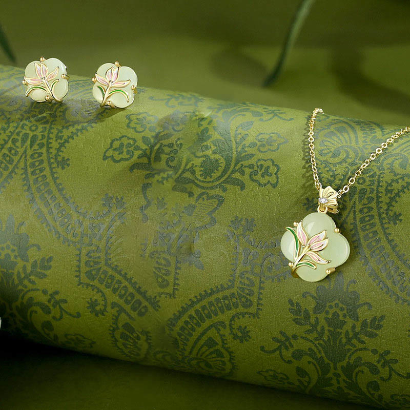 Elegant Hetian Jade Butterfly Flower Necklace & Earrings