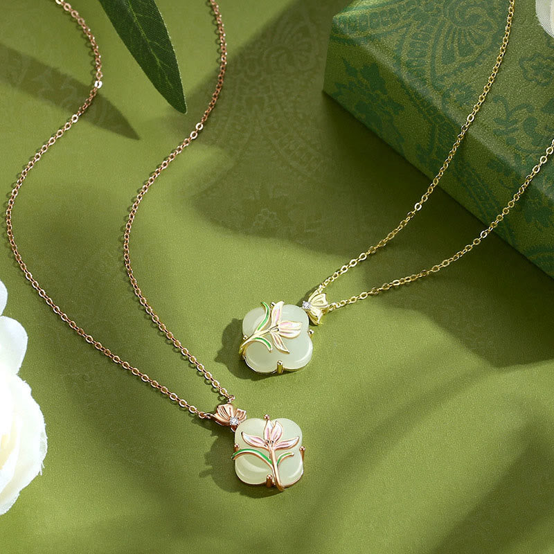 Elegant Hetian Jade Butterfly Flower Necklace & Earrings
