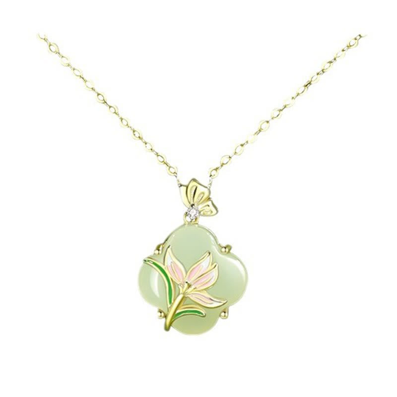 Elegant Hetian Jade Butterfly Flower Necklace & Earrings