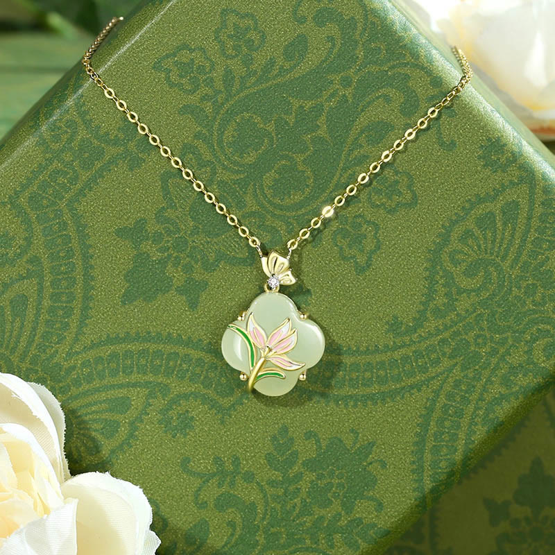 Elegant Hetian Jade Butterfly Flower Necklace & Earrings