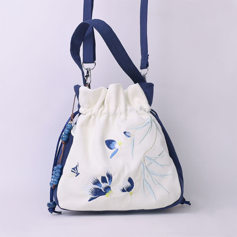 Embroidered Butterfly Lotus Cotton Linen Tote Bag 20cm