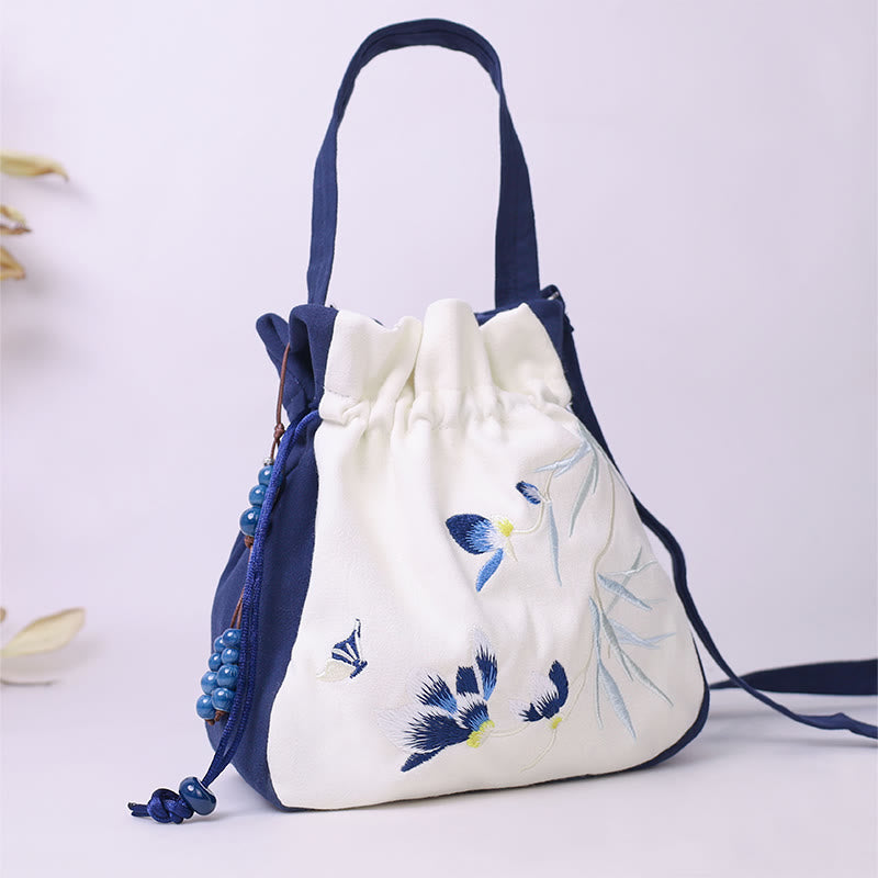 Embroidered Butterfly Lotus Cotton Linen Tote Bag 20cm