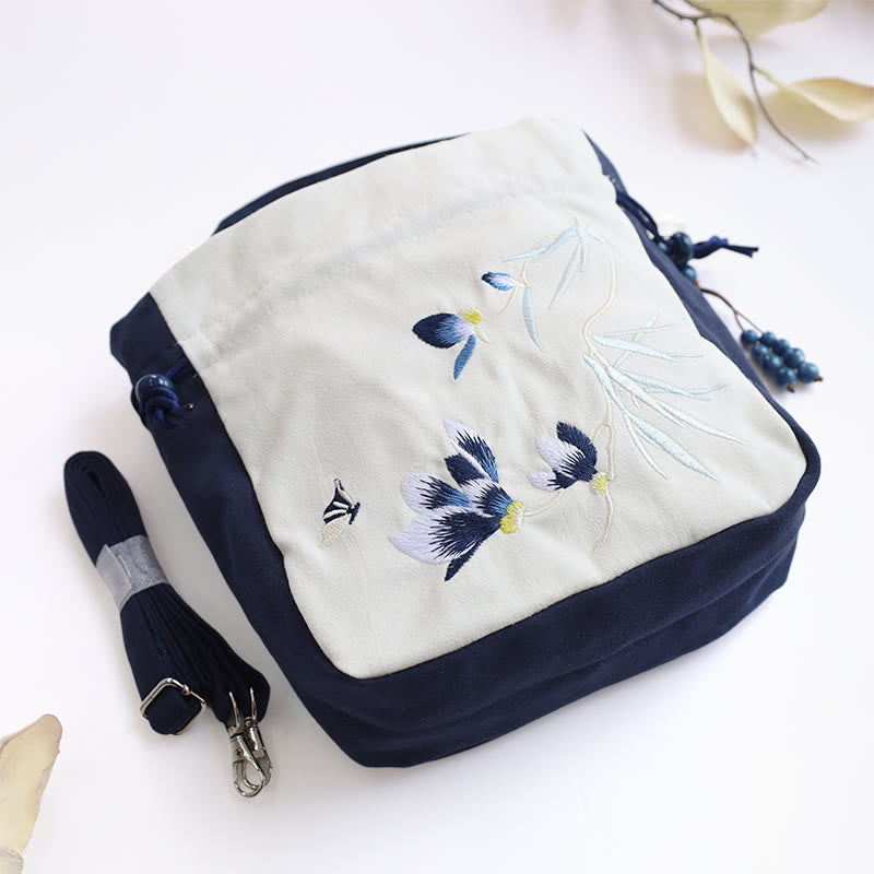 Embroidered Butterfly Lotus Cotton Linen Tote Bag 20cm
