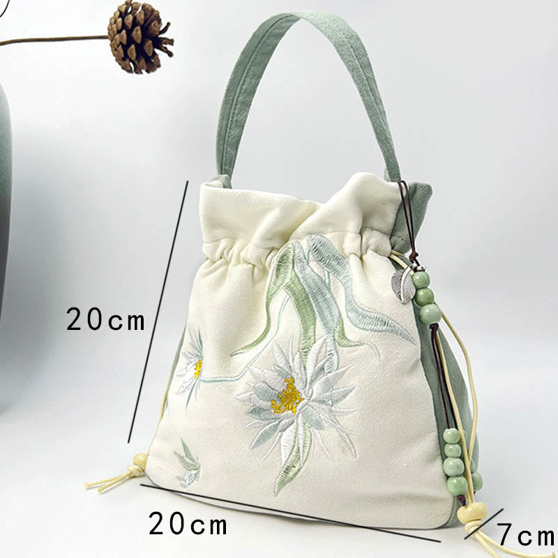 Embroidered Butterfly Lotus Cotton Linen Tote Bag 20cm