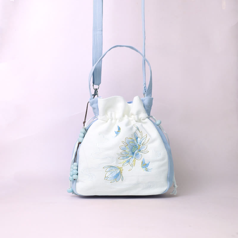 Embroidered Butterfly Lotus Cotton Linen Tote Bag 20cm