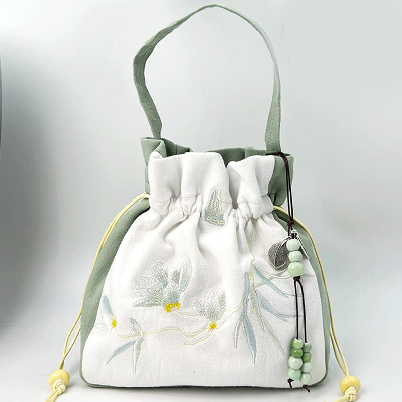 Embroidered Butterfly Lotus Cotton Linen Tote Bag 20cm